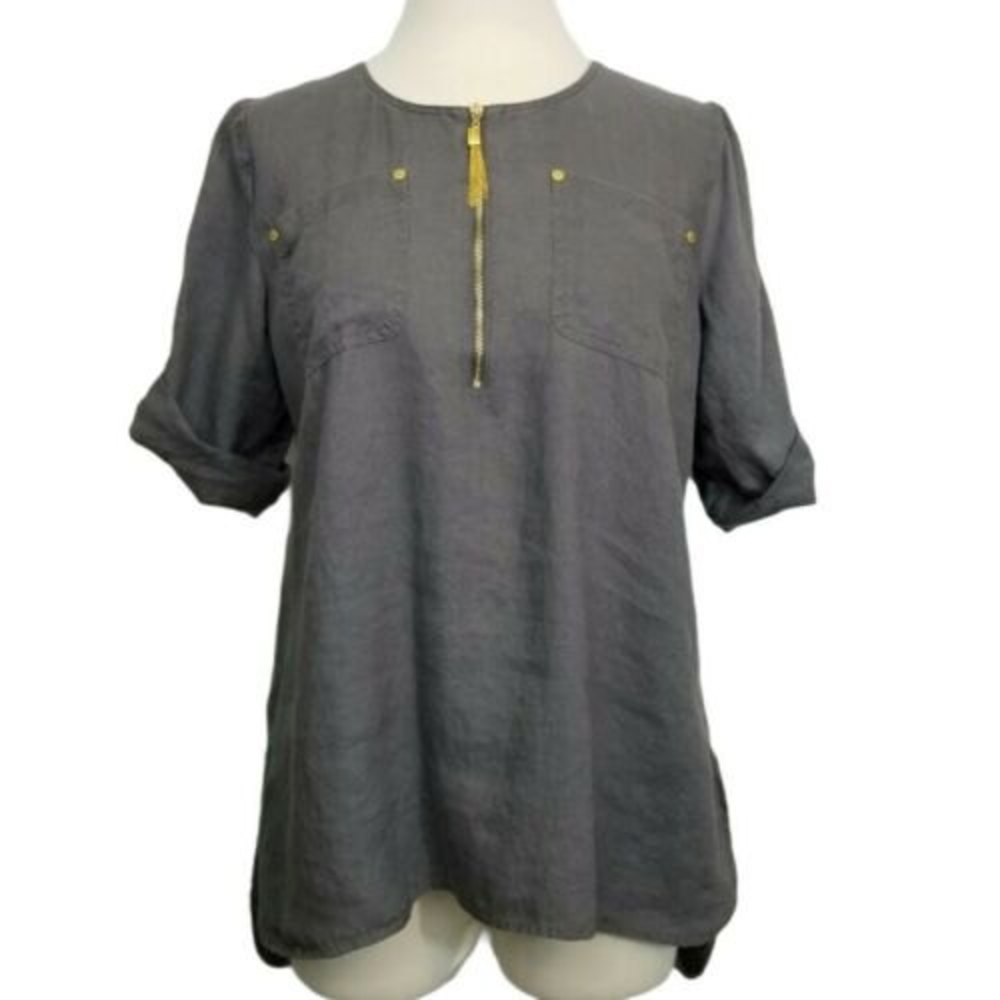 Ellen Tracy Linen Tunic Top Sz Medium Gray Gold Zip Roll Tab Sleeve Coastal